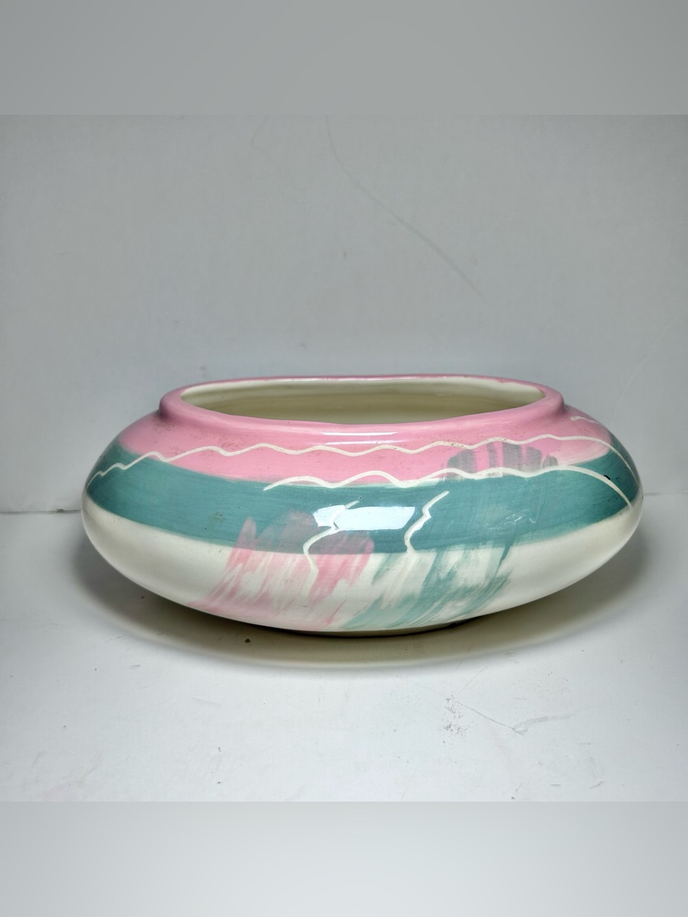 Maurice of California Pottery Handpainted 80’s Ceramic Oval Planter Pink Teal
